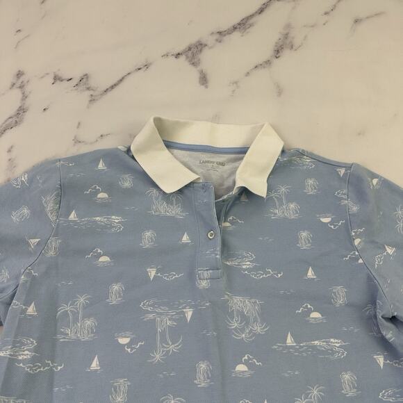 Lands End Womens Polo Shirt Dress Size L Pastel Blue White Tropical Palms Beach - Picture 2 of 10